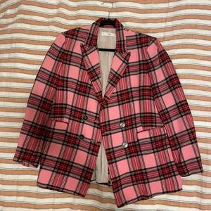 Mango pink and red oversized plaid blazer